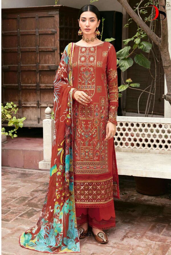 Orange Color Pakistani Unstitched Suit | Rayon Suit With Heavy Embroidery & Chiffon Dupatta