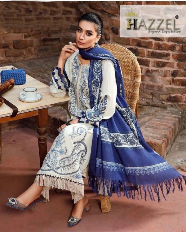 White & Blue Rayon Embroidered Pakistani Salwar Kameez With Cotton Dupatta