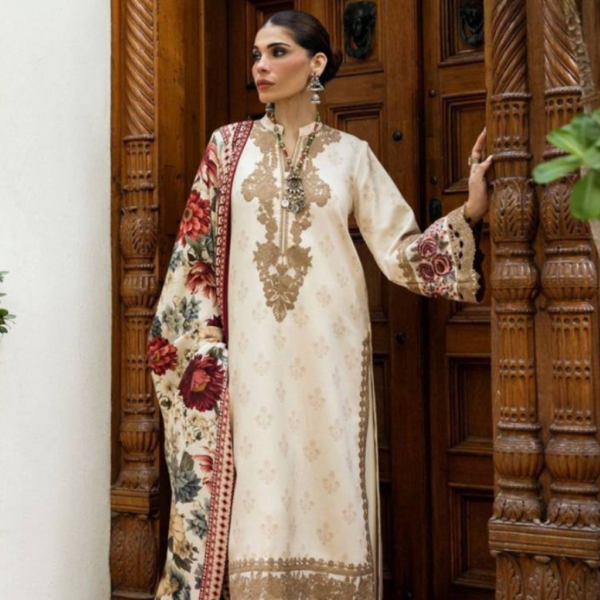 Graceful Heritage – Cream & Maroon Floral Print Pakistani Lawn Suit
