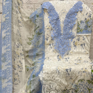 white and Light blue Cotton unstitched salwar suit