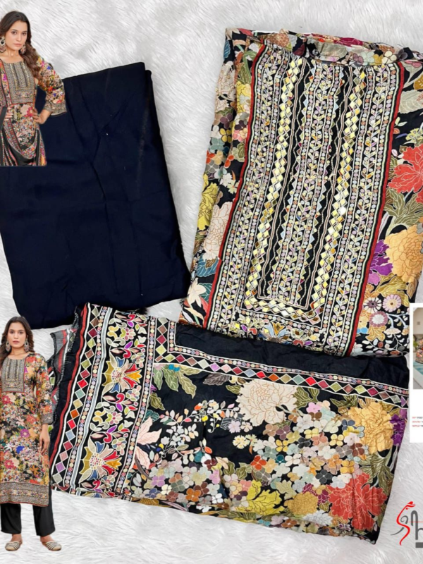 Floral Printed Black Viscose Muslin Unstitched Salwar Suit with Aari & Hand Work