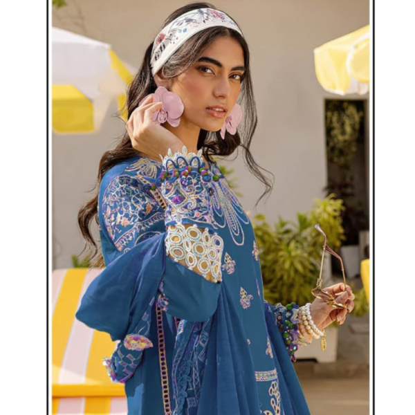 Navy Blue Cambric Cotton Unstitched Salwar Suit with Heavy Embroidery